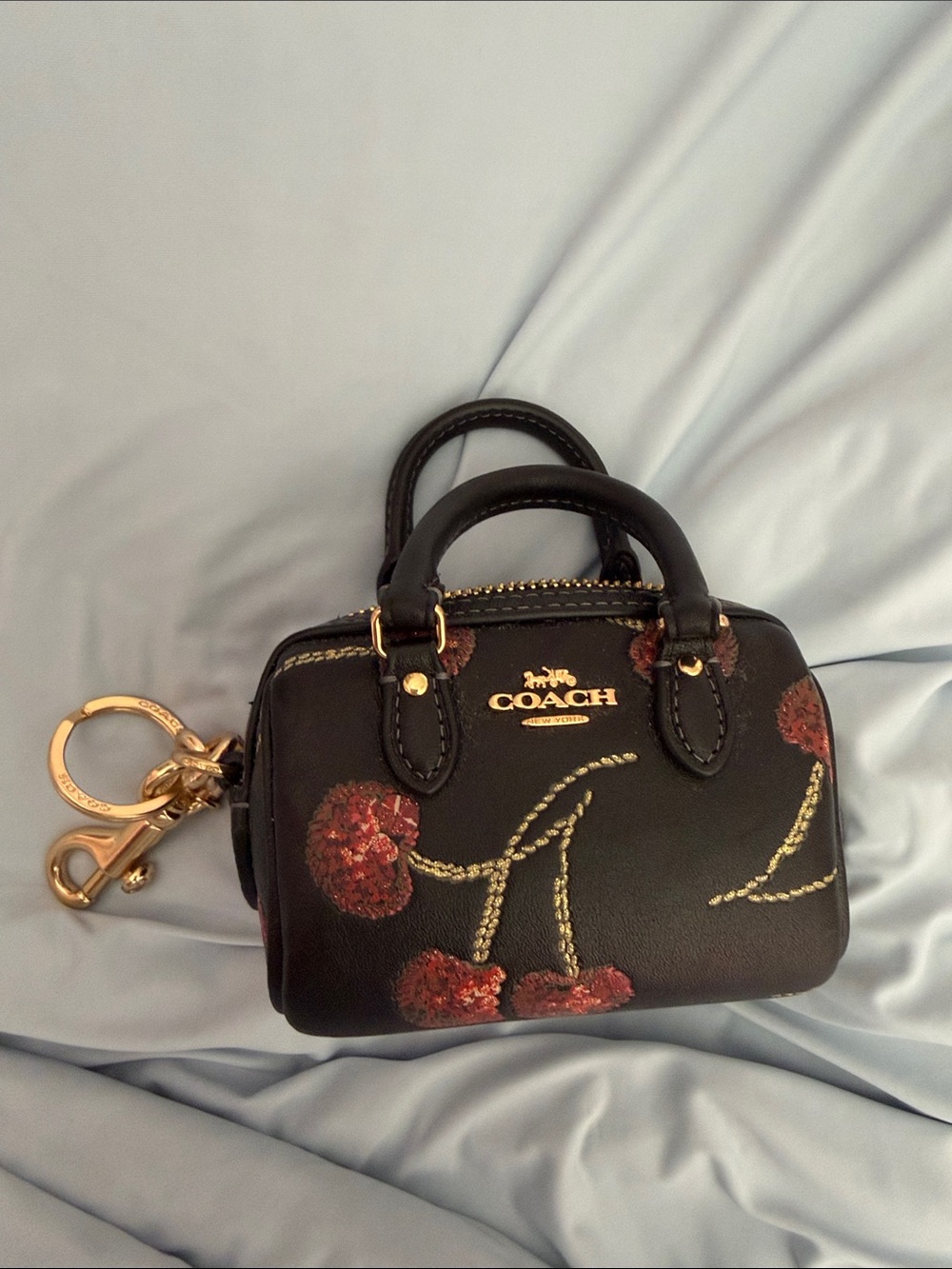 Coach Black Mini Satchel Keychain with Cherry Print